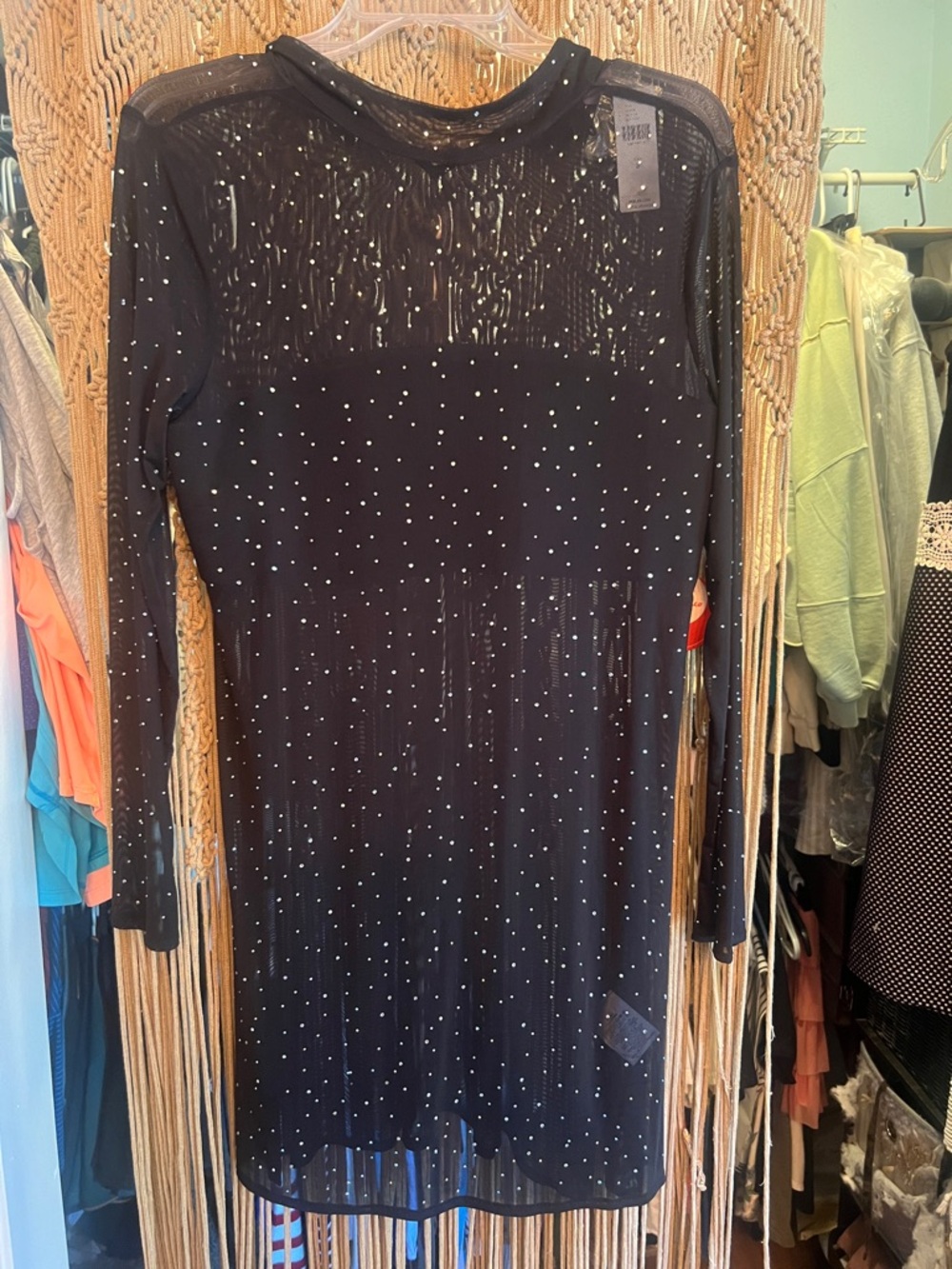 Eva Franco Black Sheer Long Sleeve Dress with Rhinestone Accents